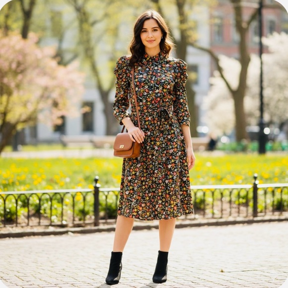 PRATO Dresses & Skirts - Floral Long Sleeve Dress with Belt